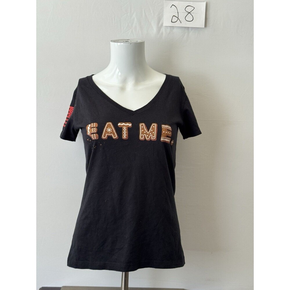 Grunt Style Eat Me Gingerbread V Neck T Shirt Women’s M Black Christmas USA